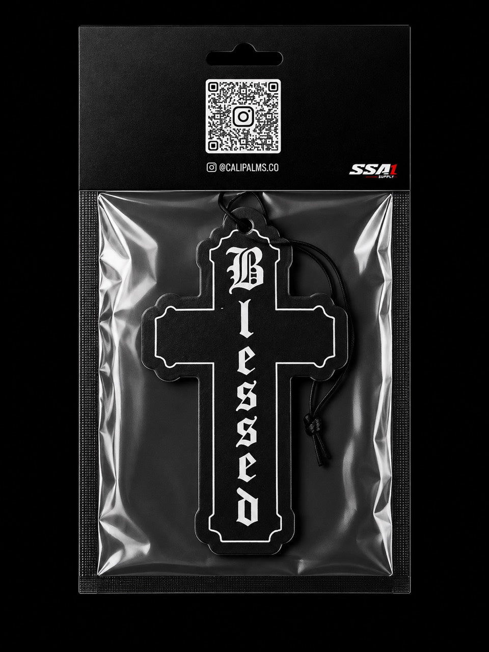 Cali Palms Blessed Cross car air freshener packaged product