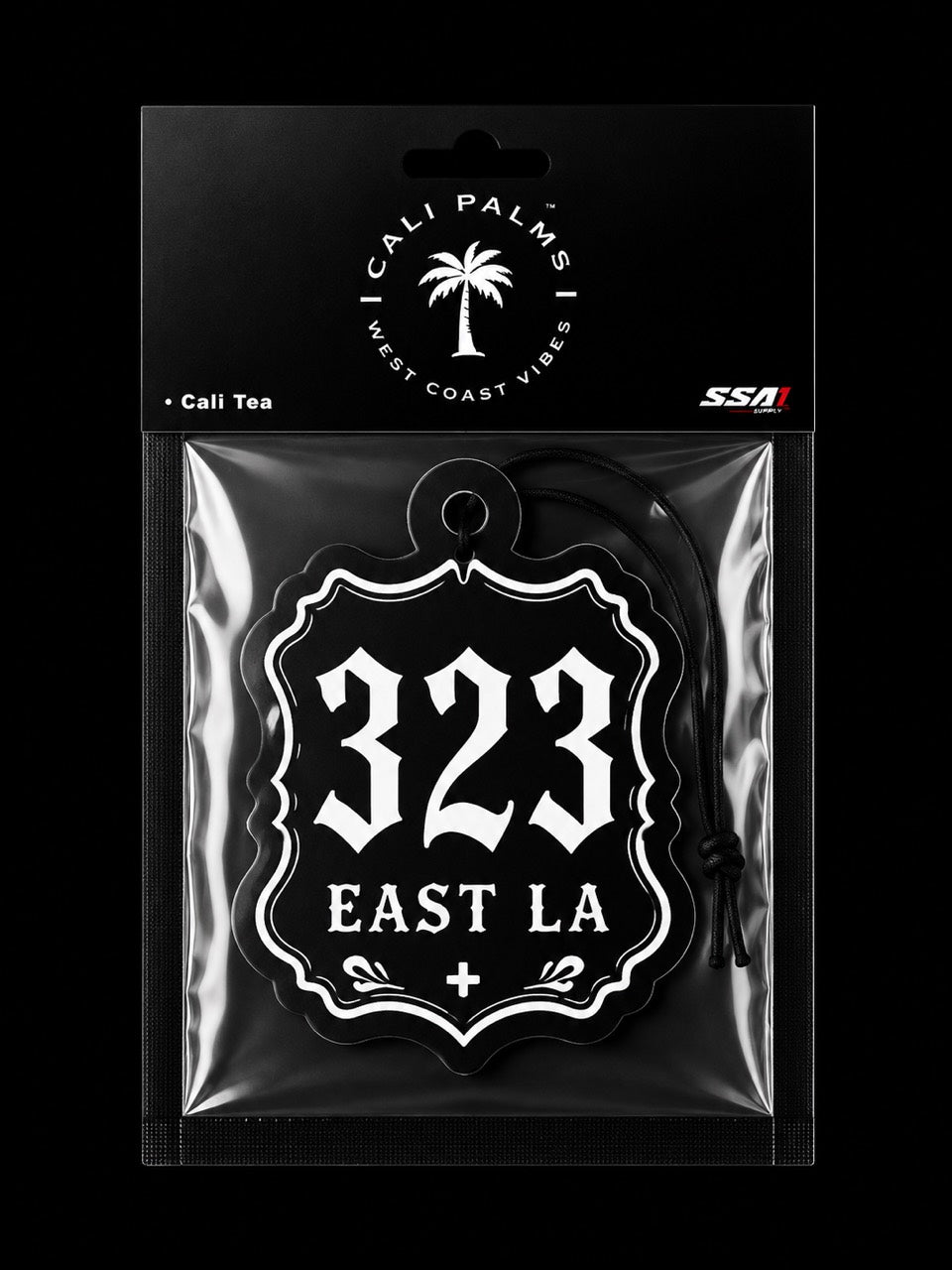 Cali Palms 323 East LA car air freshener in Cali White scent, packaged product