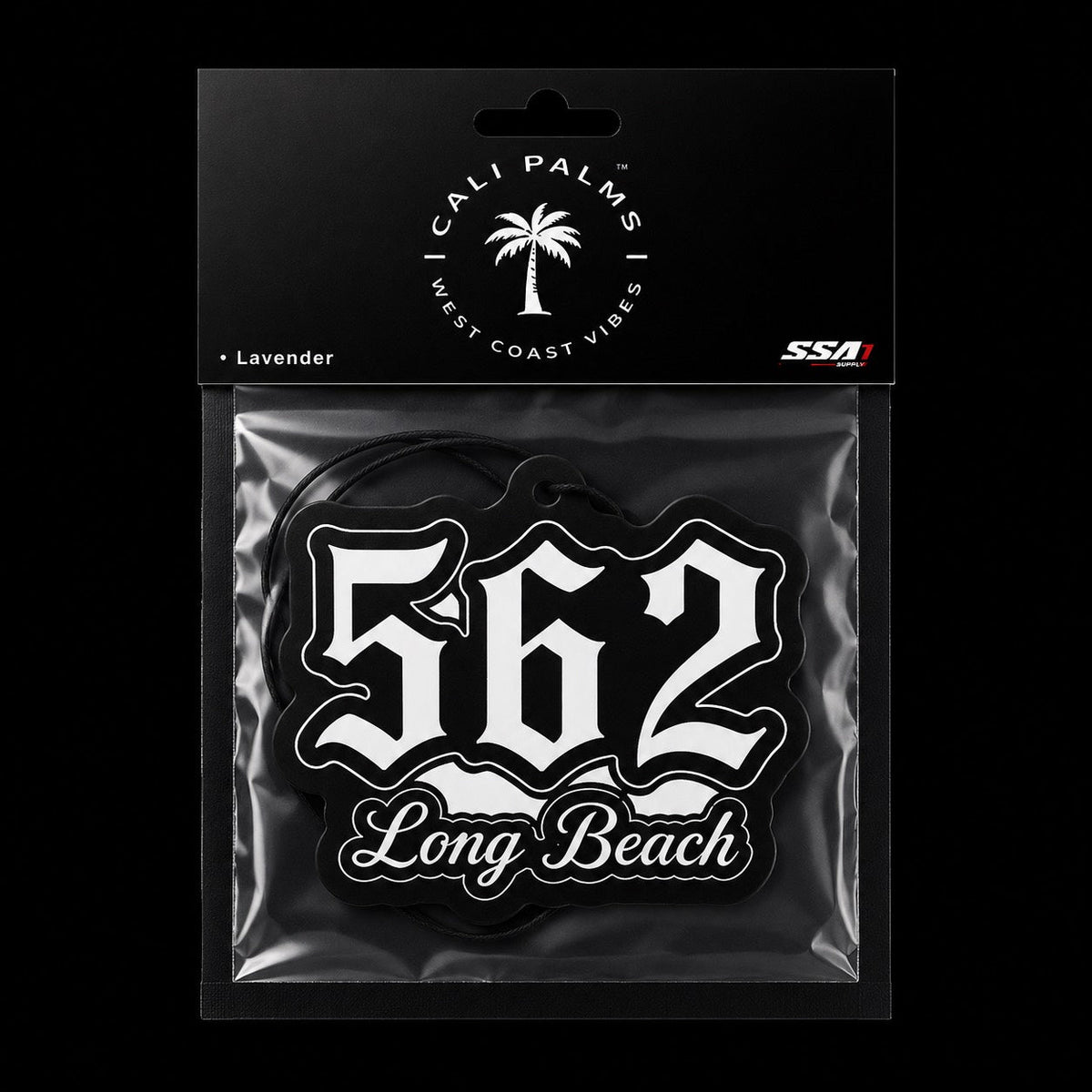 Cali Palms 562 Long Beach car air freshener in Lavender scent, packaged product
