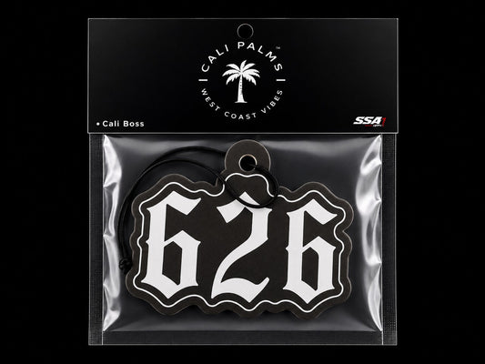 Cali Palms 626 San Gabriel Valley car air freshener in Cali Boss scent, packaged product
