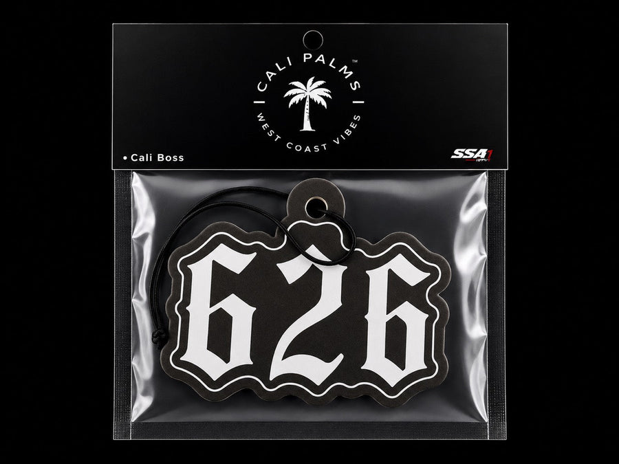 Cali Palms 626 San Gabriel Valley car air freshener in Cali Boss scent, packaged product