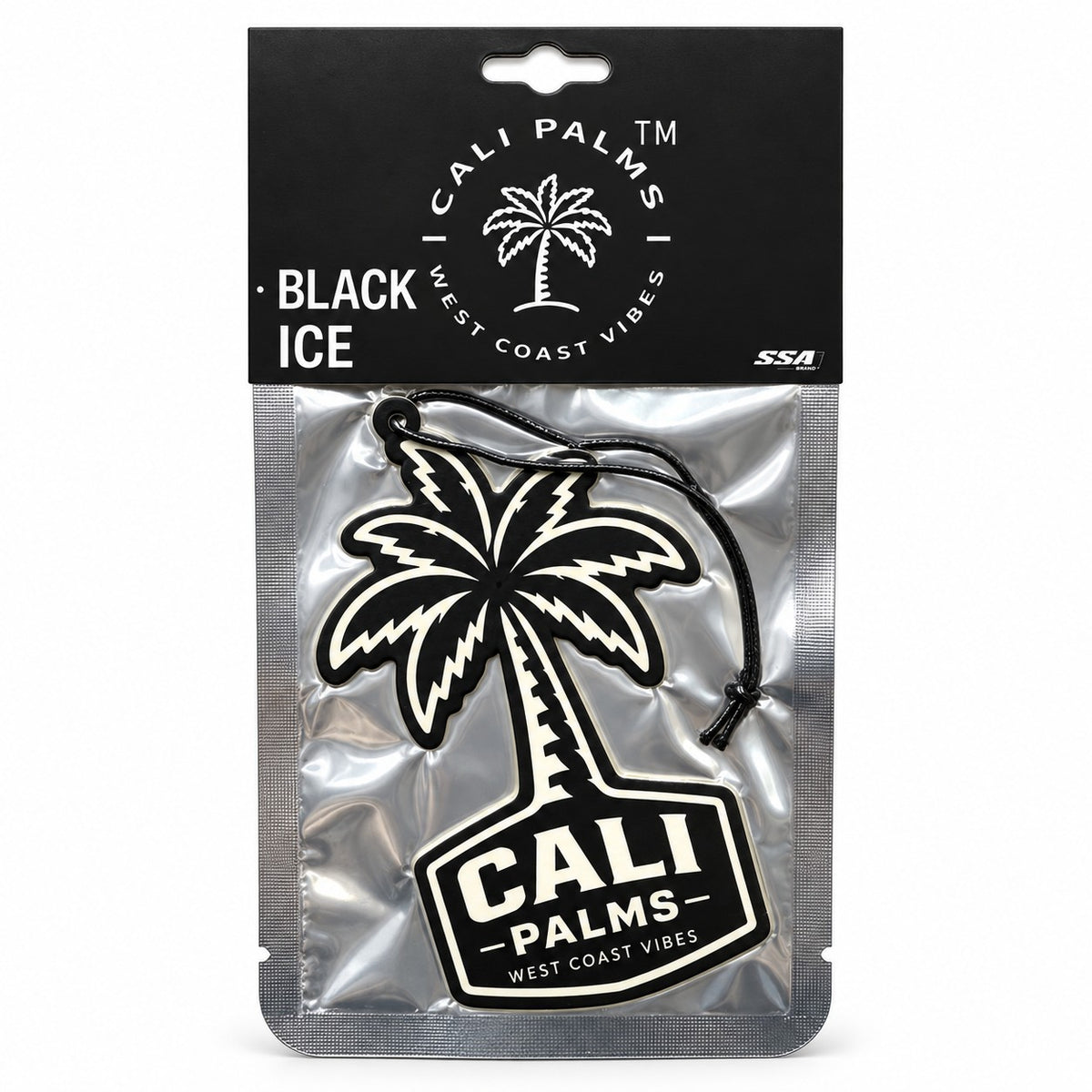 Cali Palms Black Ice car air freshener, packaged product on white background
