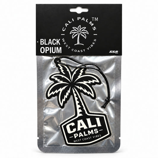 Cali Palms Palm Tree - Black Opium Car Air Freshener - packaged product on white background