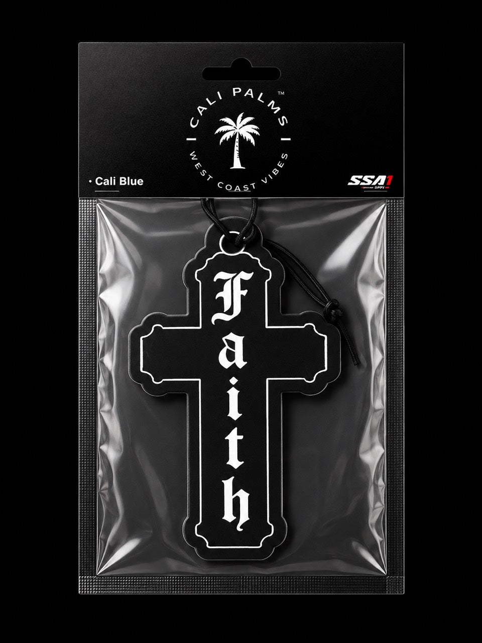 Cali Palms Faith Cross car air freshener in Pacific Blue scent, packaged product