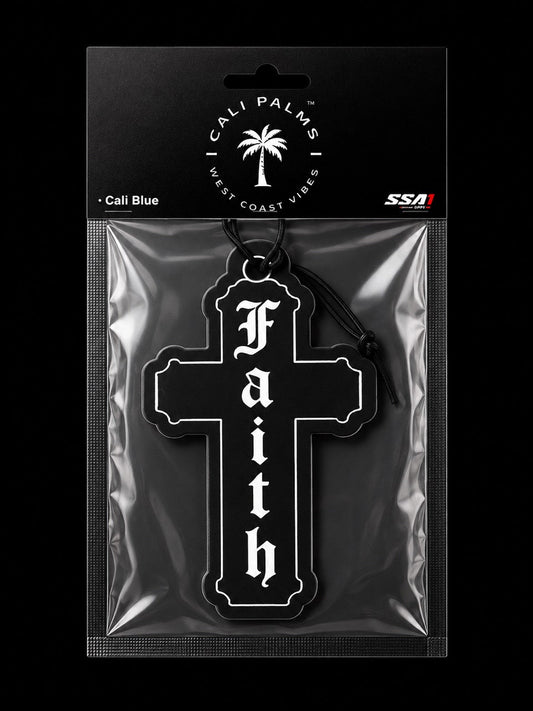 Cali Palms Faith Cross car air freshener in Pacific Blue scent, packaged product