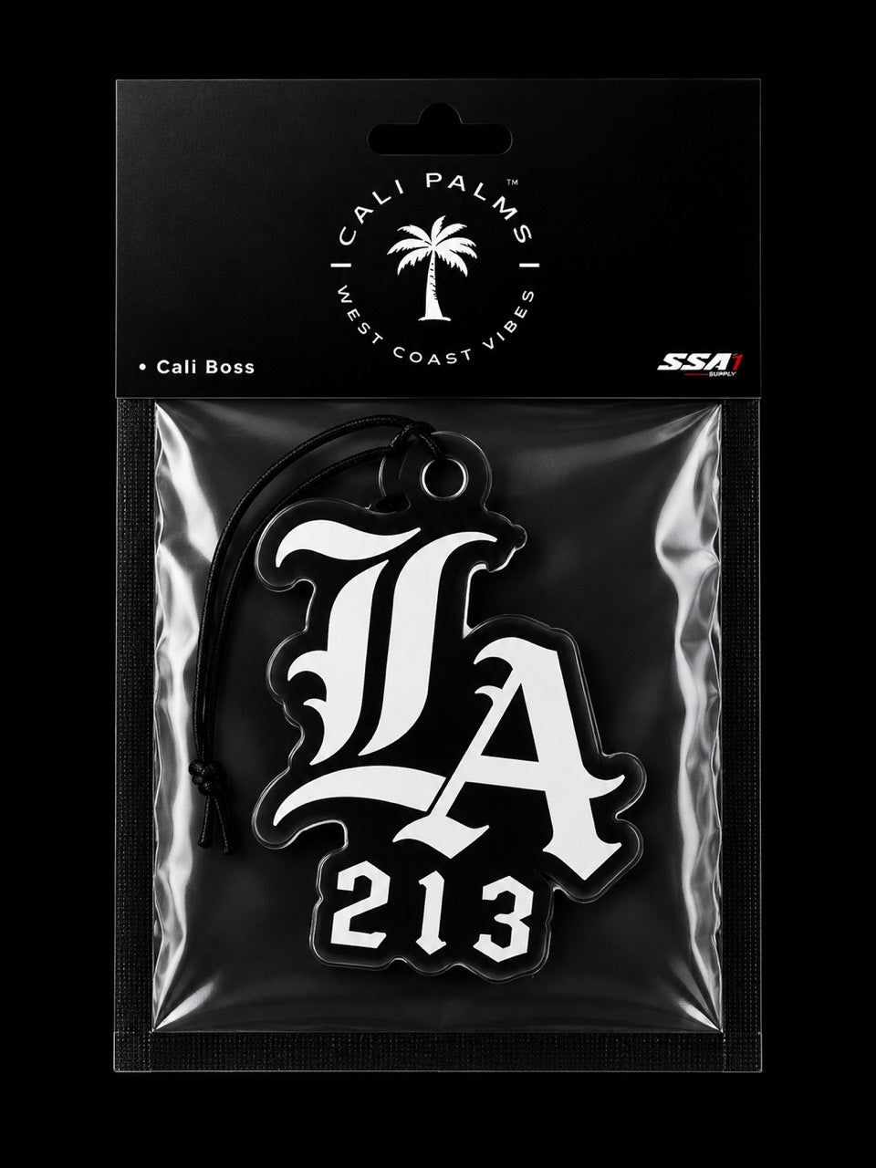 Cali Palms LA 213 car air freshener in Cali Boss scent, packaged product