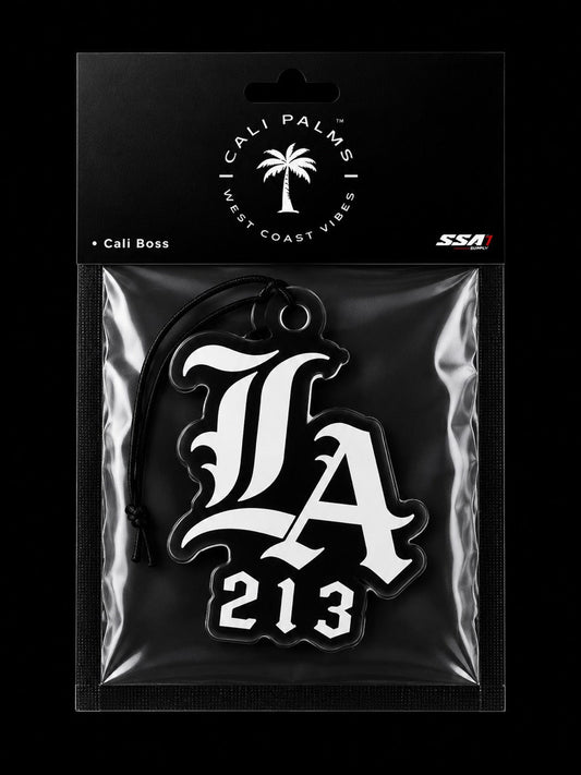 Cali Palms LA 213 car air freshener in Cali Boss scent, packaged product
