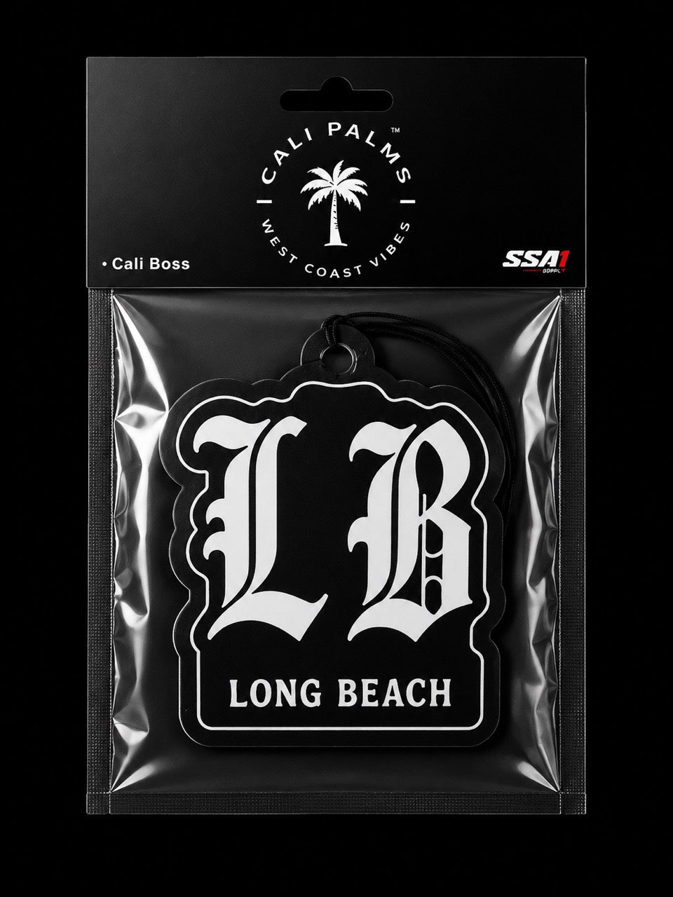 Cali Palms LB Long Beach car air freshener in Palm Reserve scent, packaged product