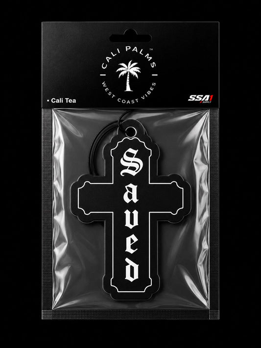 Cali Palms Saved Cross car air freshener in Cali White scent, packaged product