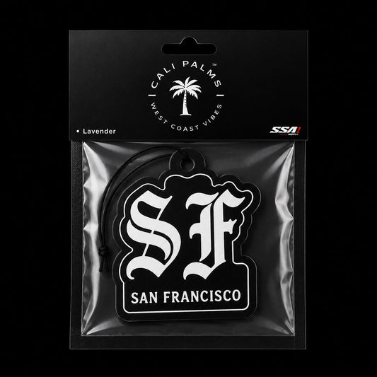 Cali Palms SF San Francisco car air freshener in Lavender scent, packaged product