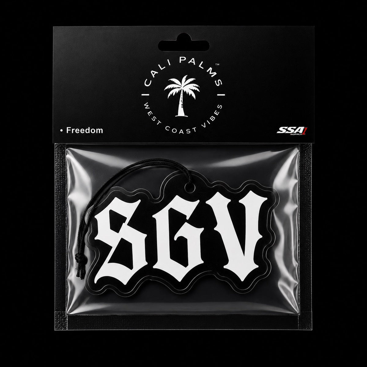 Cali Palms SGV San Gabriel Valley car air freshener in Freedom scent, packaged product