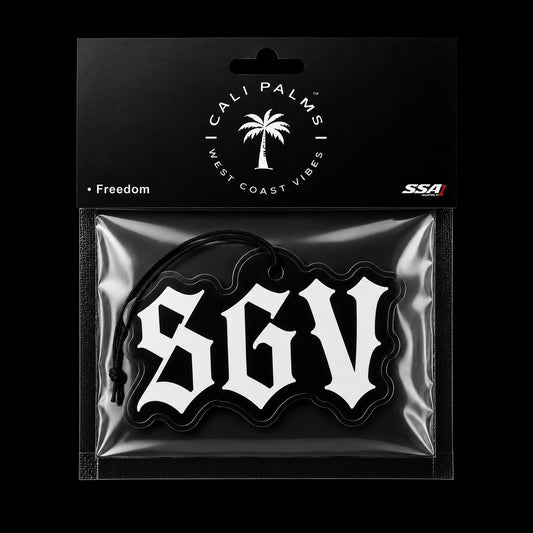 Cali Palms SGV San Gabriel Valley car air freshener in Freedom scent, packaged product
