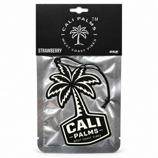 Cali Palms Palm Tree - Strawberry Car Air Freshener - packaged product on white background