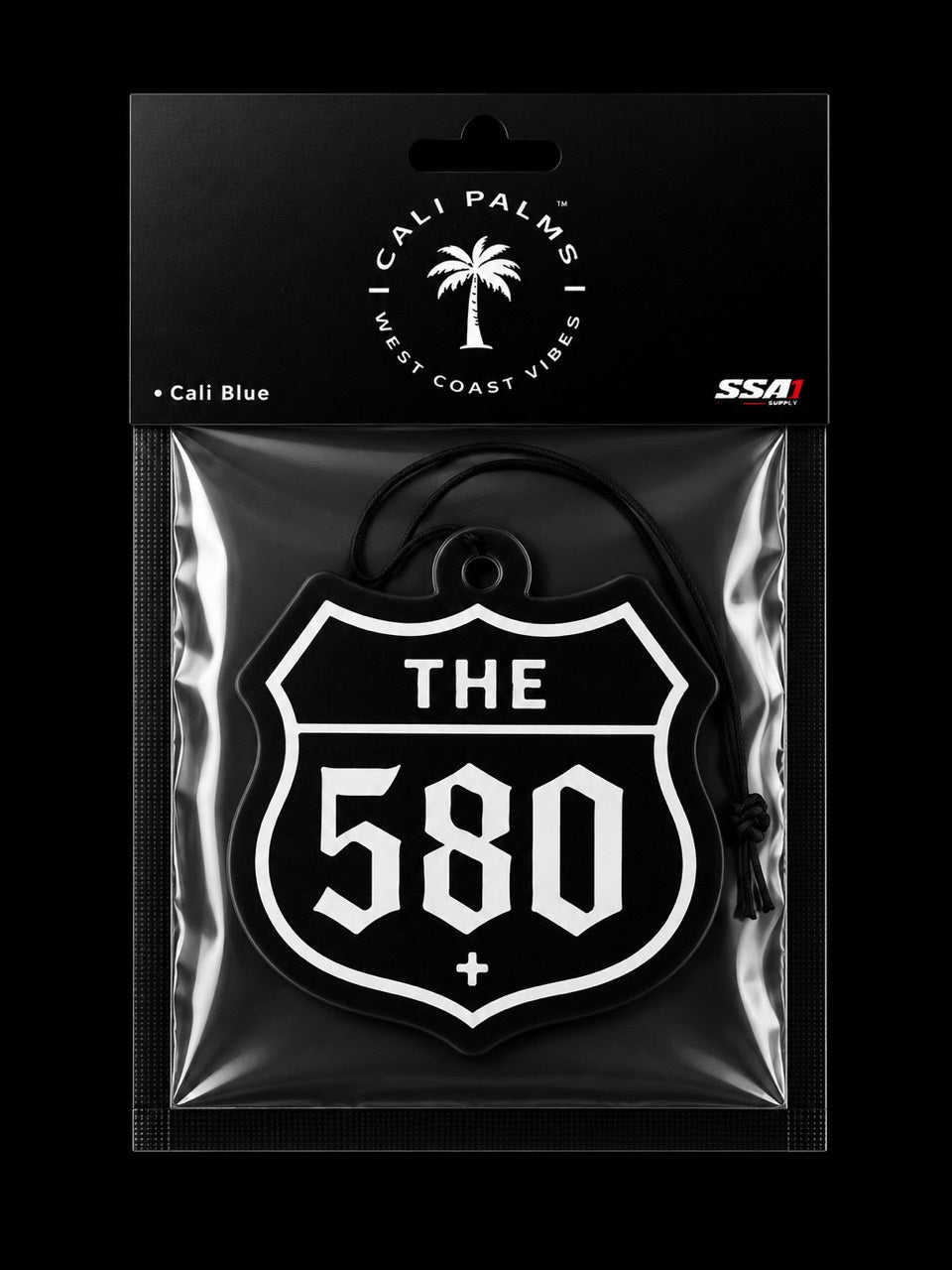 Cali Palms The 580 Freeway car air freshener in Pacific Blue scent, packaged product