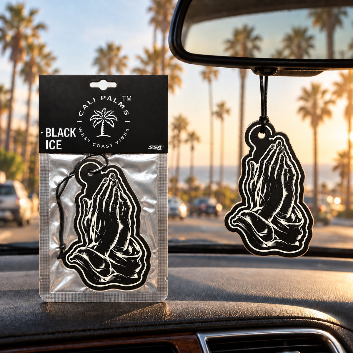 Praying Hands - Black Ice Car Air Freshener - lifestyle scene