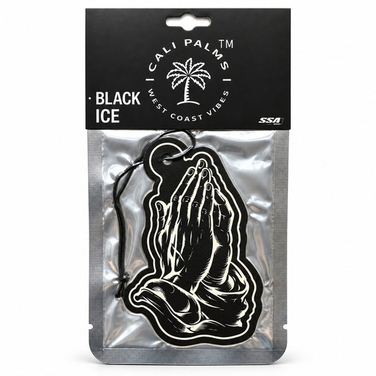 Praying Hands - Black Ice Car Air Freshener - packaged product on white background