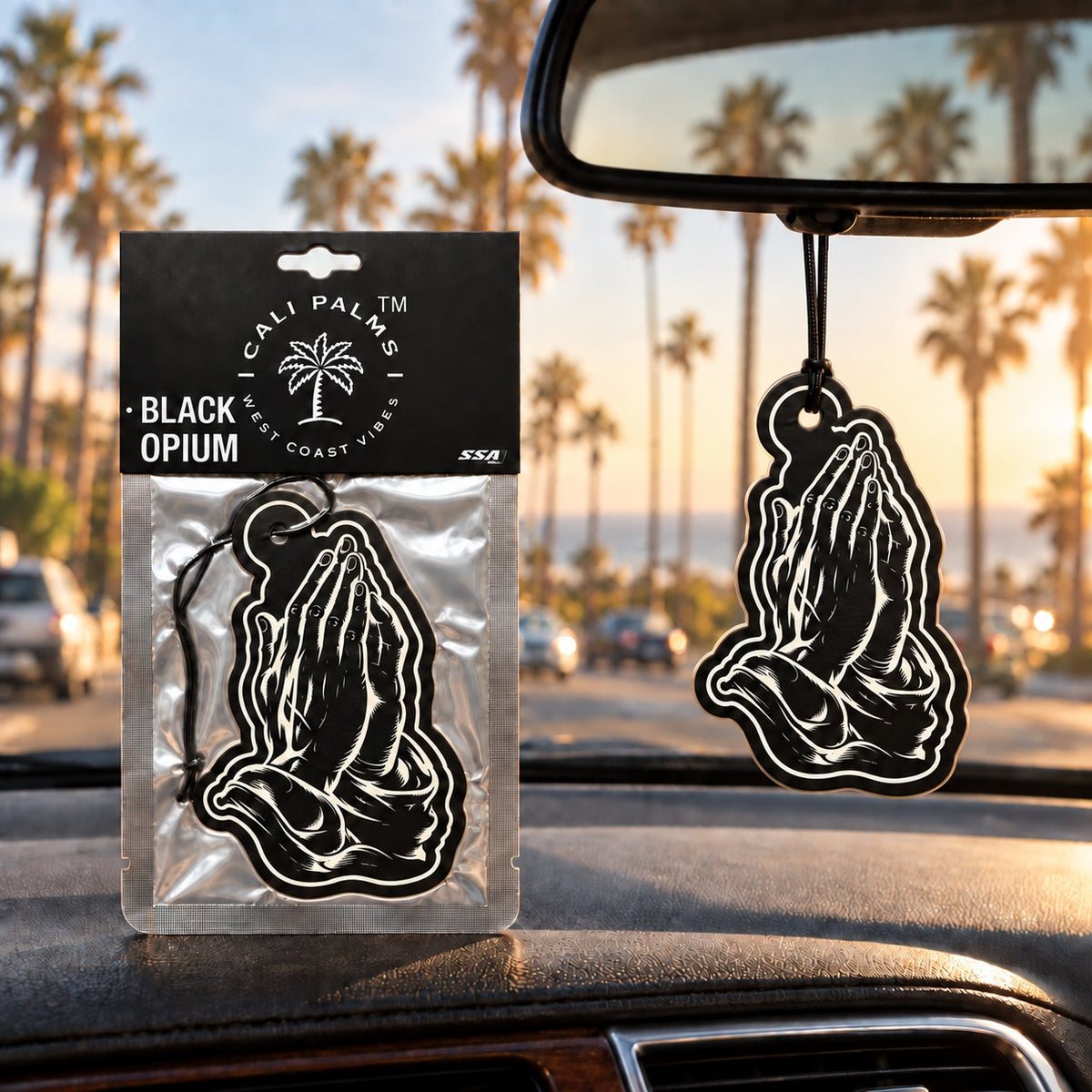 Praying Hands - Black Opium Car Air Freshener - lifestyle scene