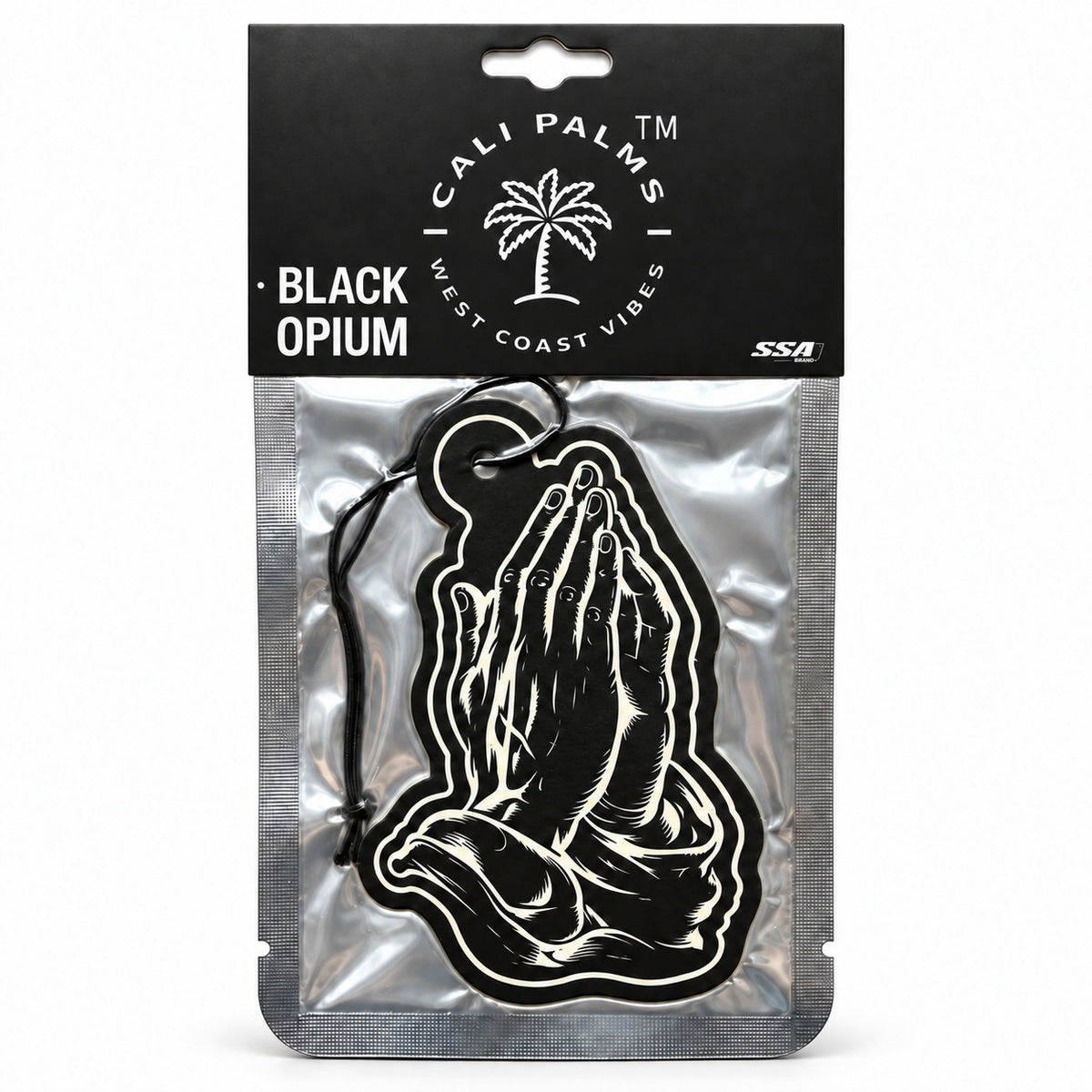 Praying Hands - Black Opium Car Air Freshener - packaged product on white background