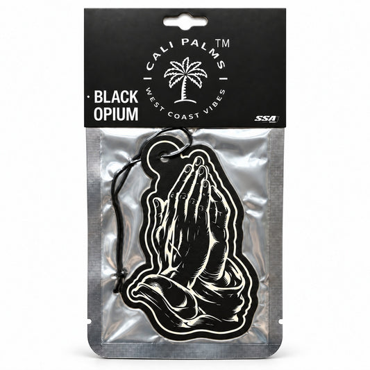 Praying Hands - Black Opium Car Air Freshener - packaged product on white background