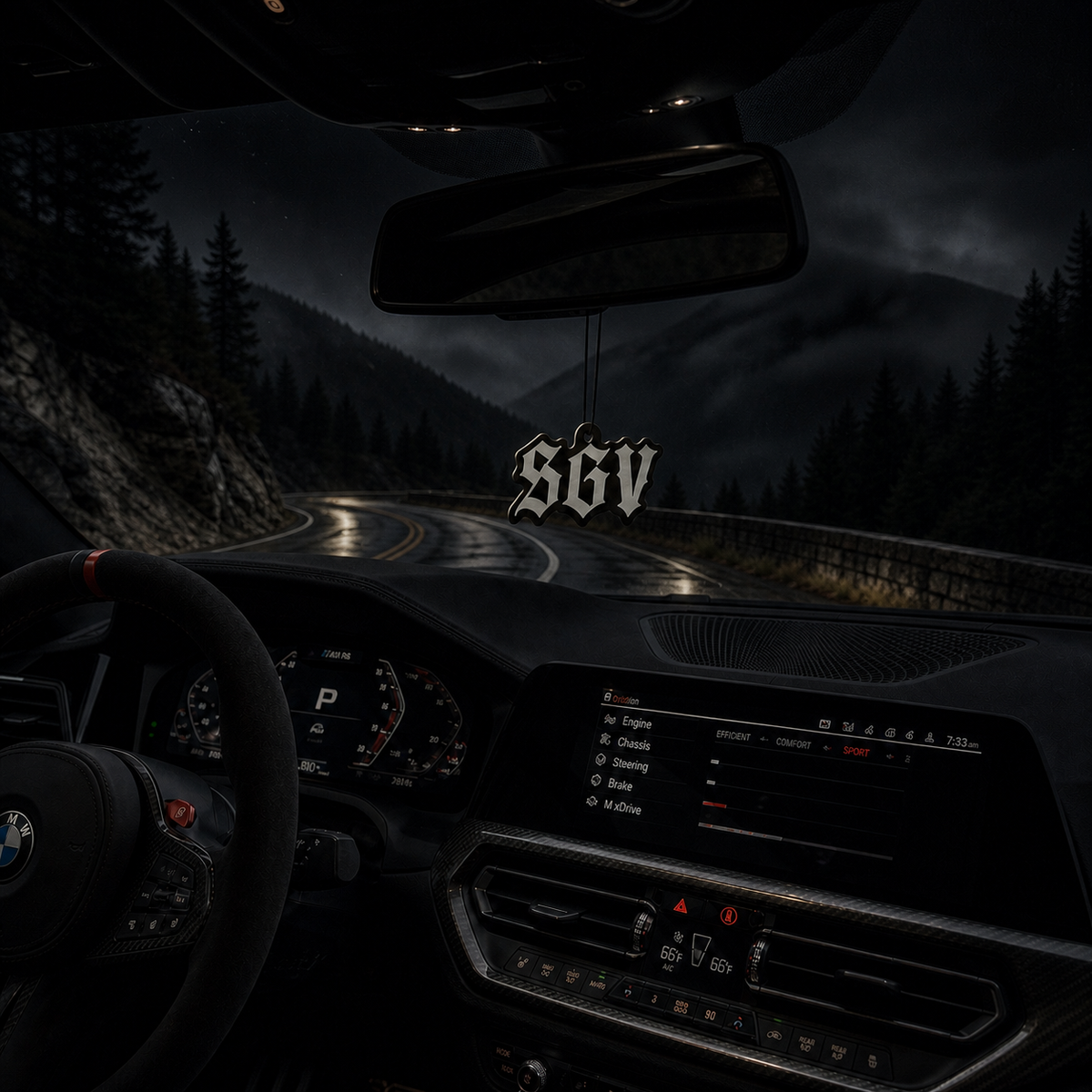 SGV car air freshener in a nighttime car interior