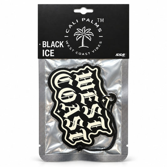 West Coast - Black Ice Car Air Freshener - packaged product on white background