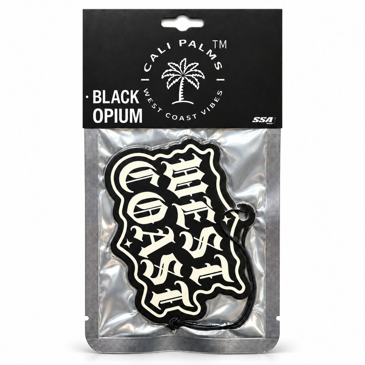 West Coast - Black Opium Car Air Freshener - packaged product on white background