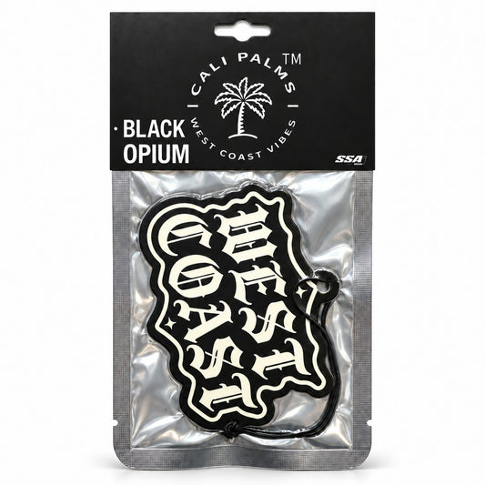 West Coast - Black Opium Car Air Freshener - packaged product on white background